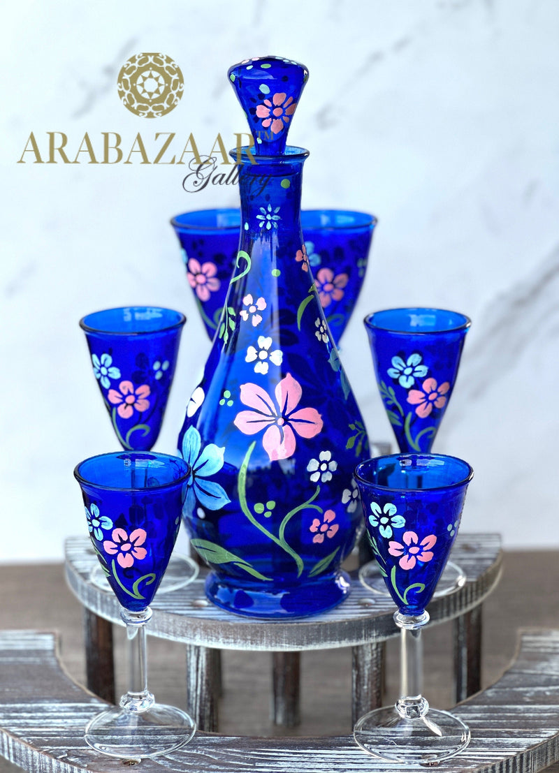 One of Kind Egyptian Handcrafted Flora Drinking Set/W Hand Art (7 PCS)