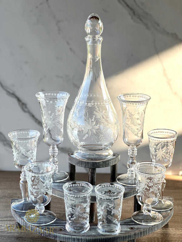 One of Kind Egyptian Handblown Etched Floral Drinking Set (9PCS)