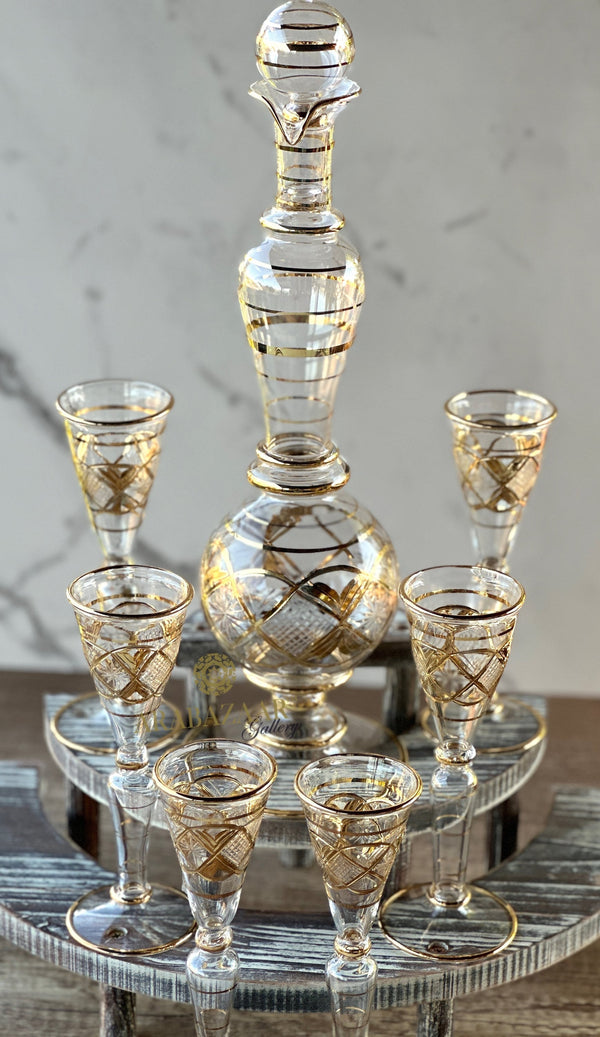 One of Kind Egyptian Handblown The Queen Drinking Set 14K Gold Trim Clear/Etched Gold (7 PCS)