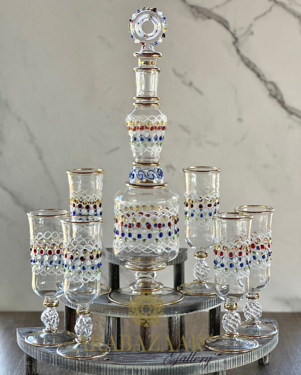 One of Kind Egyptian Handblown Big Sultan Drinking Set 14K Gold Trim Clear/Natural Multi Color (7 PCS)