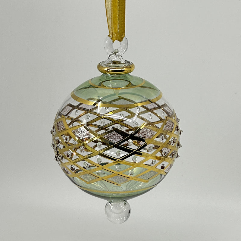 Large Crystal Globe w/ Blue Glass End & w/ Hand Painted Dots - Egyptian Hand Blown Glass Ornament