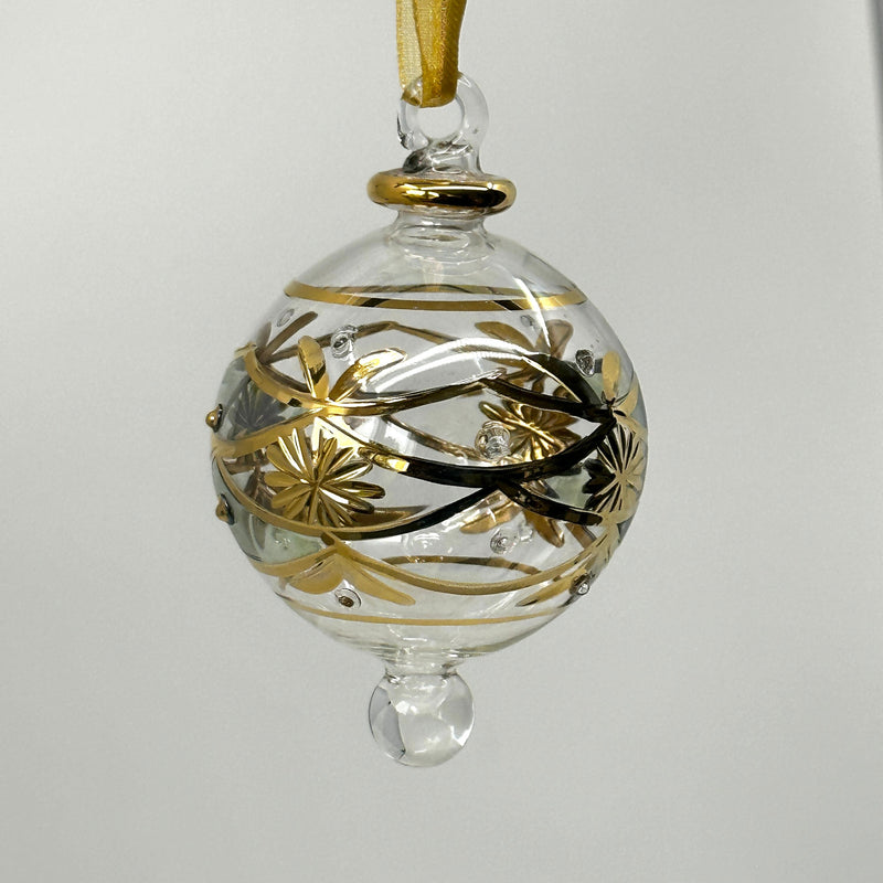 Small Crystal Globe w/ Pink Glass Ends & Hand Painted Designs- Egyptian Hand Blown Glass Ornament