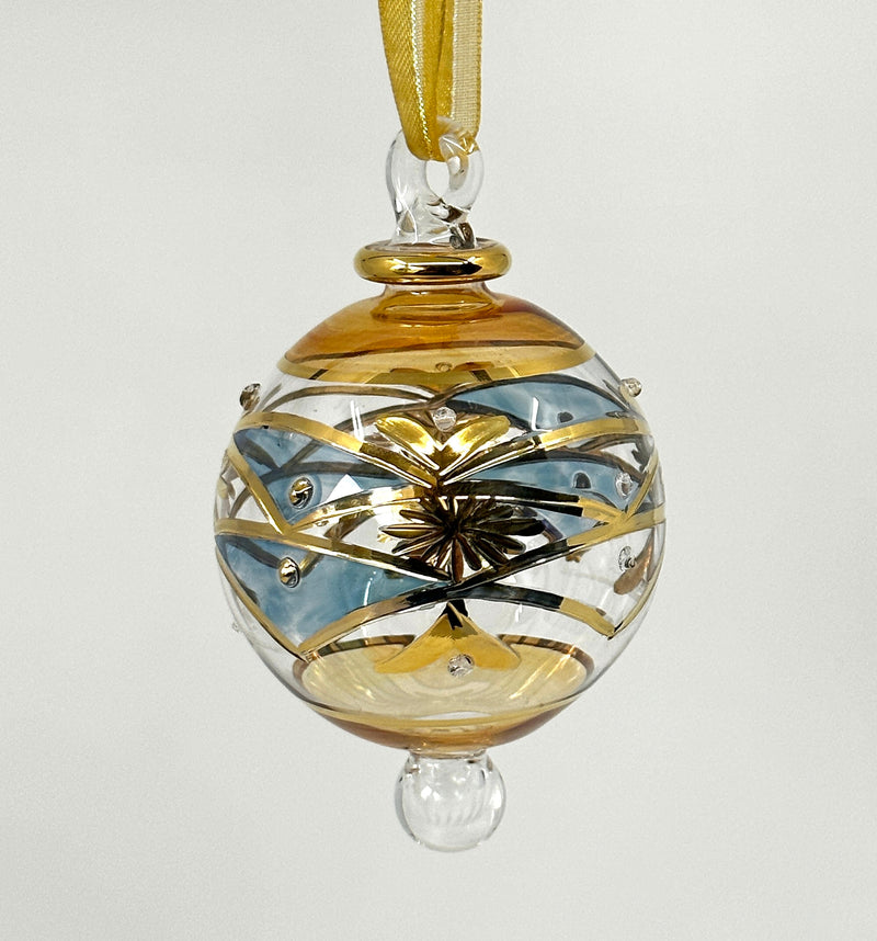 Small Crystal Globe w/ Pink Glass Ends & Hand Painted Designs- Egyptian Hand Blown Glass Ornament