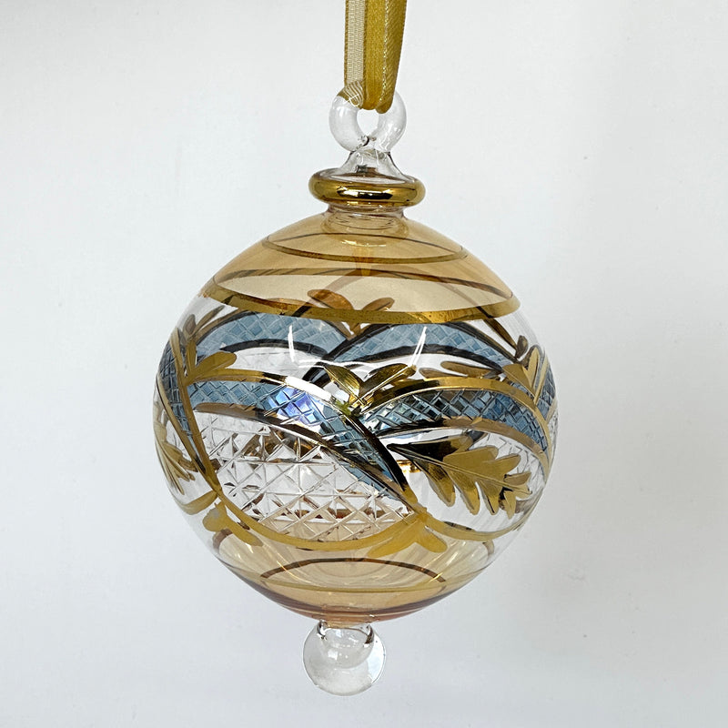 Large Globe w/ Hand Painted Geometric Leaf Design - Egyptian Hand Blown Glass Ornament