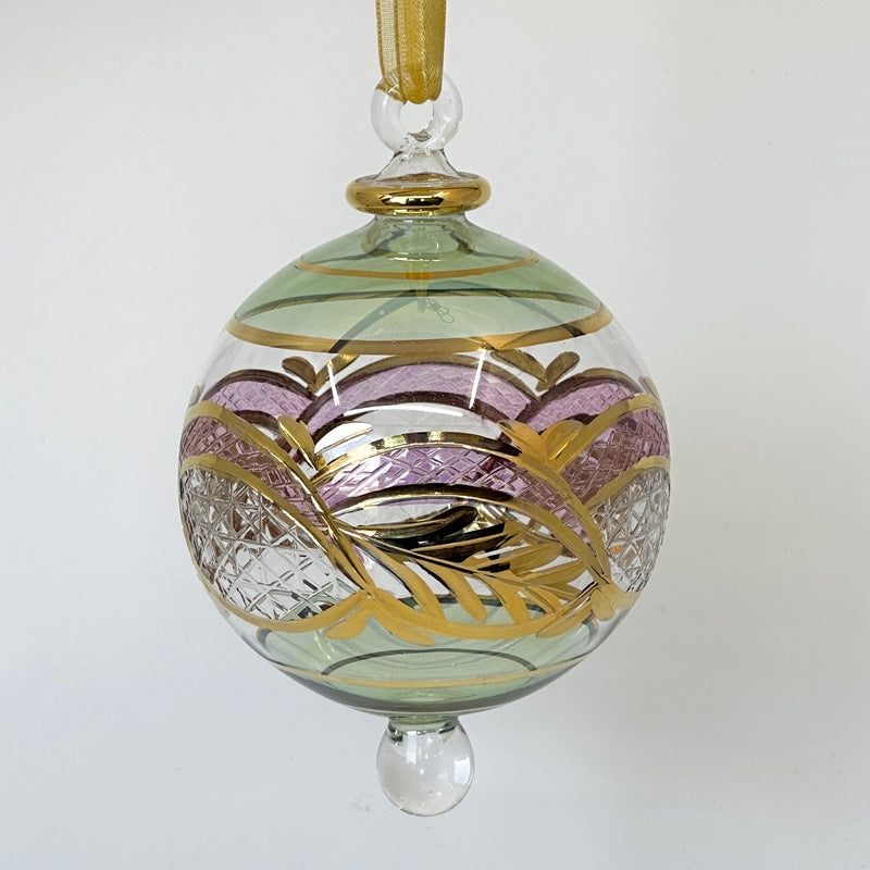 Large Globe w/ Hand Painted Geometric Leaf Design - Egyptian Hand Blown Glass Ornament