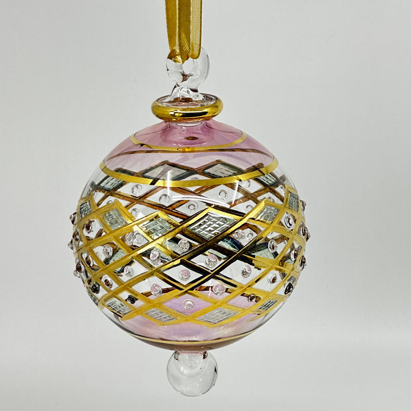 Large Crystal Globe w/ Blue Glass End & w/ Hand Painted Dots - Egyptian Hand Blown Glass Ornament