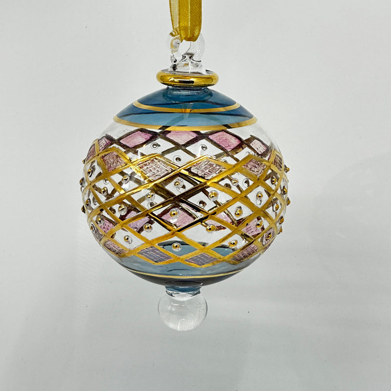 Large Crystal Globe w/ Blue Glass End & w/ Hand Painted Dots - Egyptian Hand Blown Glass Ornament