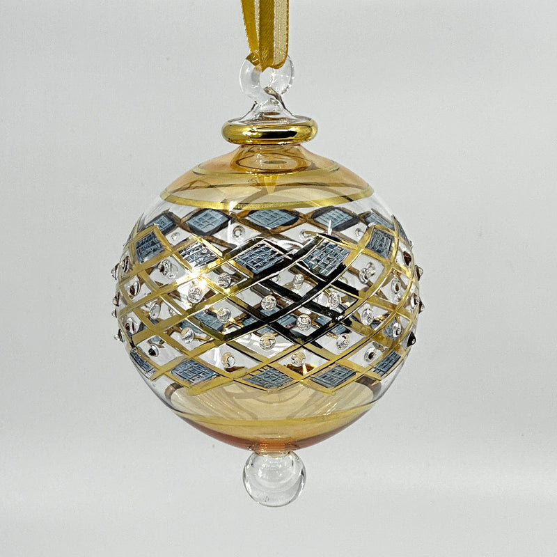 Large Crystal Globe w/ Blue Glass End & w/ Hand Painted Dots - Egyptian Hand Blown Glass Ornament