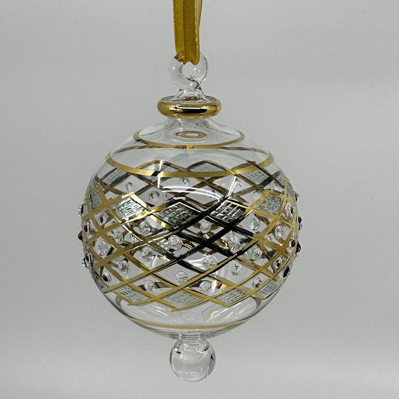 Large Crystal Globe w/ Blue Glass End & w/ Hand Painted Dots - Egyptian Hand Blown Glass Ornament