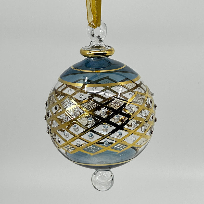 Large Crystal Globe w/ Blue Glass End & w/ Hand Painted Dots - Egyptian Hand Blown Glass Ornament