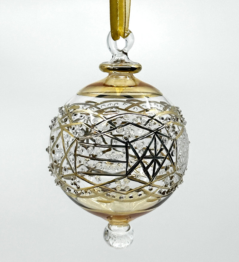 Large Crystal Ball w/ Hand Painted Gold Design - Egyptian Hand Blown Glass Ornament