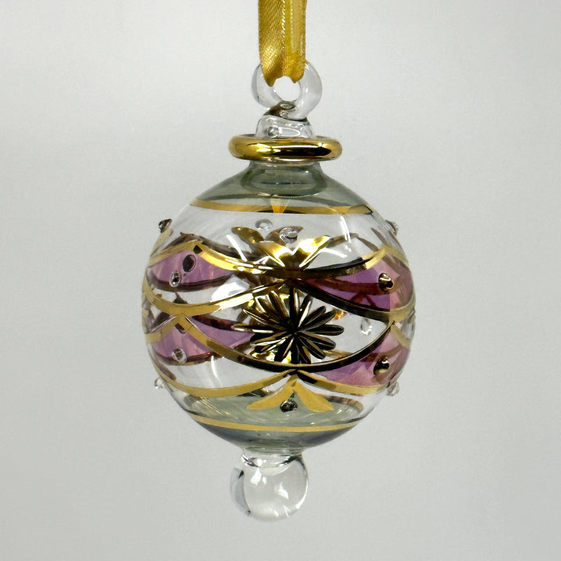 Small Crystal Globe w/ Pink Glass Ends & Hand Painted Designs- Egyptian Hand Blown Glass Ornament