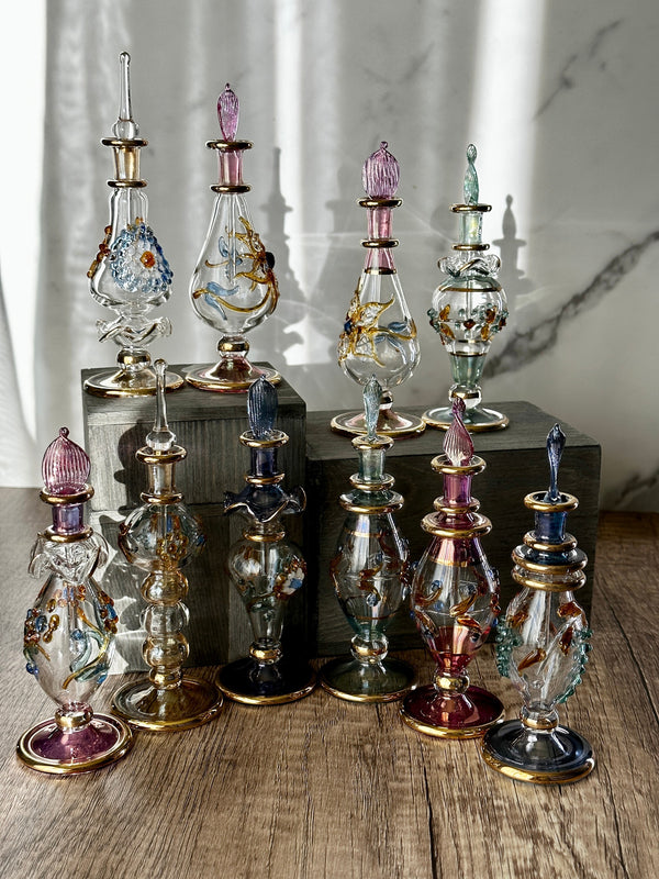 Luxury Embossed Glass Design Egyptian Handblown Perfume Bottles, Set of Five Variety