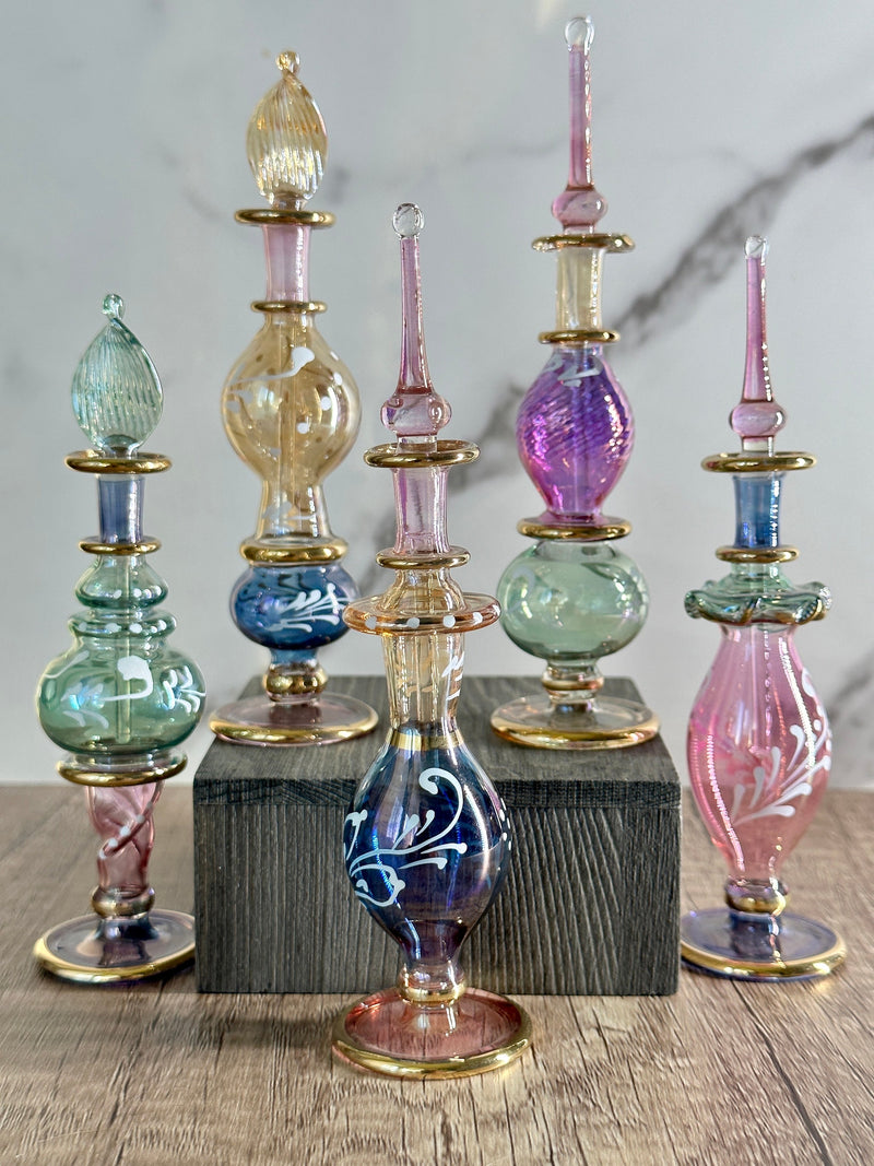 Fancy Dry Paint Design Egyptian Handblown Glass Perfume Bottles, Set of Five Variety