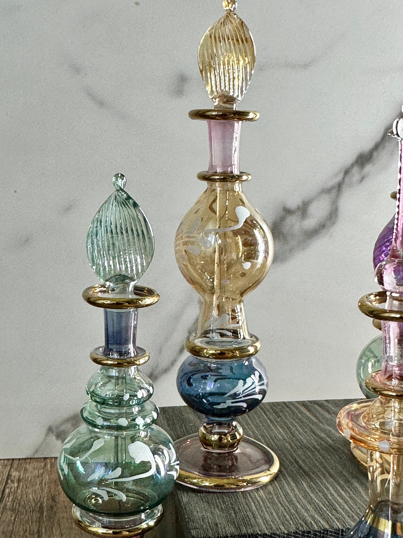 Fancy Dry Paint Design Egyptian Handblown Glass Perfume Bottles, Set of Five Variety