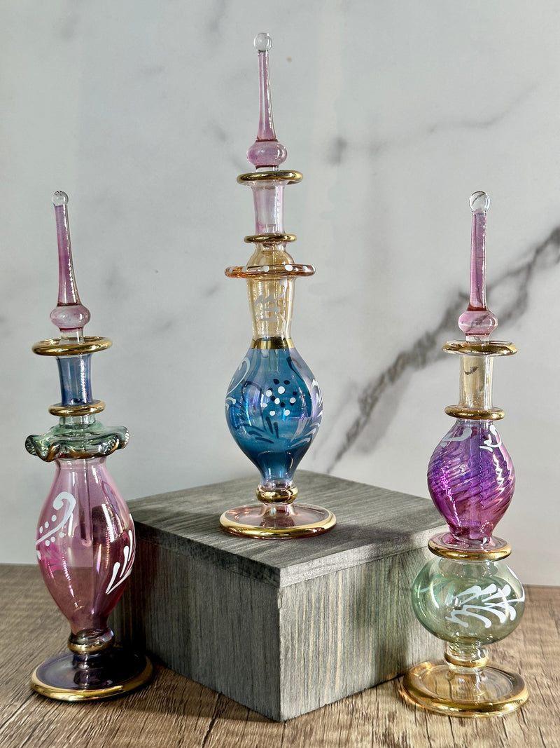 Fancy Dry Paint Design Egyptian Handblown Glass Perfume Bottles, Set of Five Variety