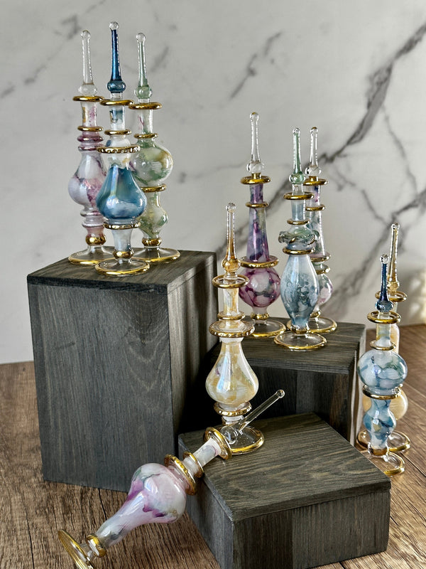 Lovely Perfume Bottles Ceramic design, Egyptian Handblown Glass Set of Five, 14k Gold Trim