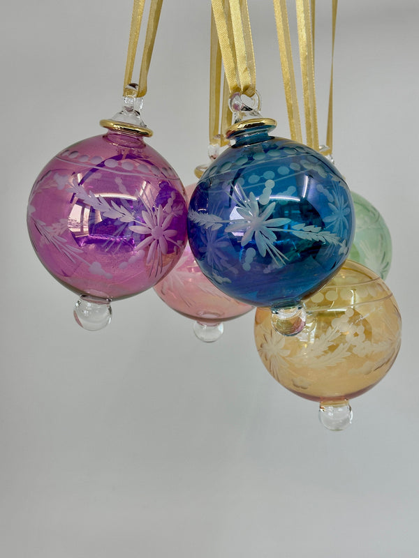 Pastel Large Globe Egyptian Hand Blown Glass Christmas Tree Ornament Etched Flower, Minimalist Glass Balls Unique Xmas Holiday Decoration