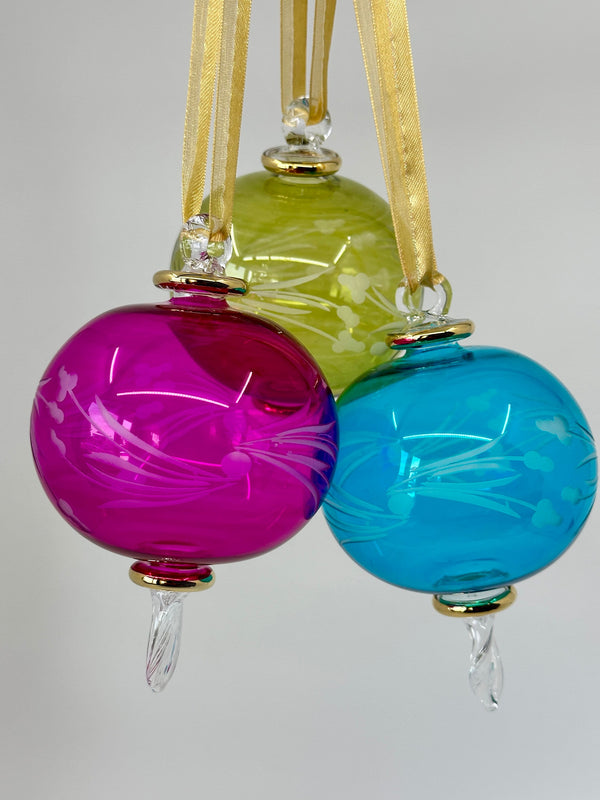 Pastel Large Globe End W/Leaf Egyptian Hand Blown Glass Christmas Tree Ornament Flower Design, Minimalist Glass Balls Unique Xmas.