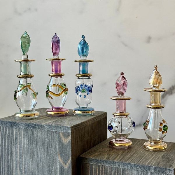 Miniature 5ML Assortment Gold Design Egyptian Handblown Glass Perfume Bottles, Set of Five Variety.