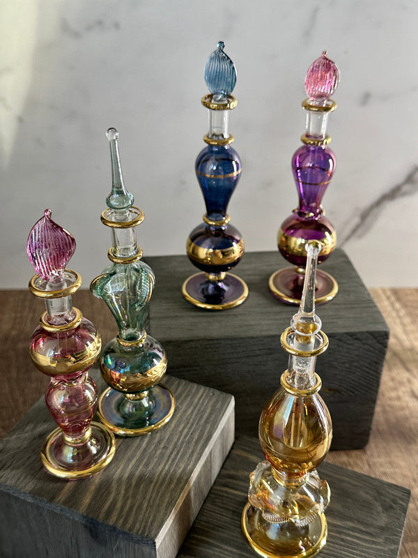 Miniature Gold Design Egyptian Handblown Glass Perfume Bottles, Set of Five Variety