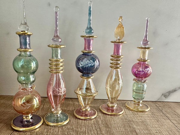 Unique Etching Design Egyptian Handblown Glass Perfume Bottles, Set of Five Variety