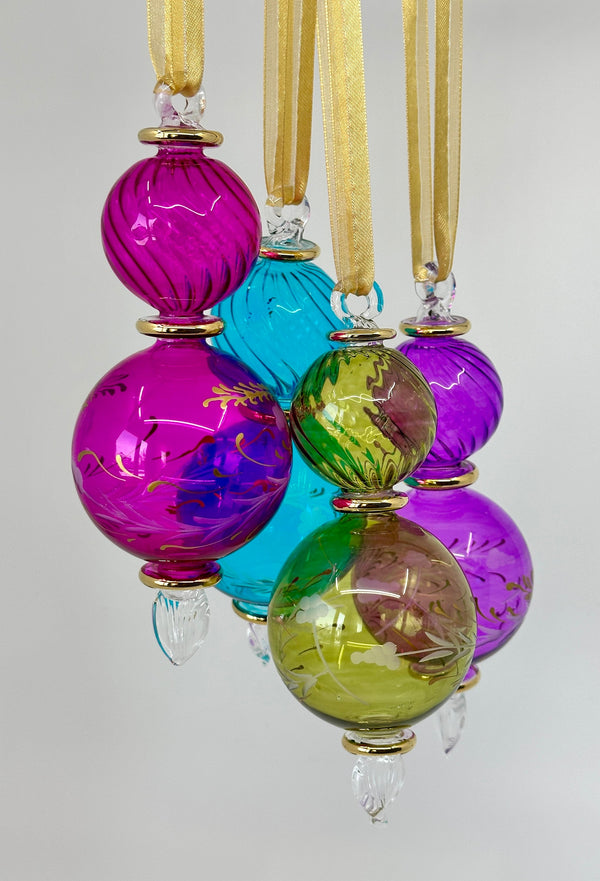 Swirl Etched Icicle Christmas Ornaments, Egyptian Hand Blown Glass Ornament W/ Swirl Design & 14K Gold Accents, Unique Ornaments,